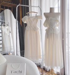 Set áo nude trễ vai x chân váy lưới - Freesize
