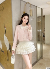 Set crop dạ hồng cổ sen td x chân váy tầng