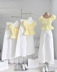 Set áo nhún tay phồng quần suông trắng