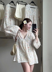 Set Babydoll hoa cổ V tay loe