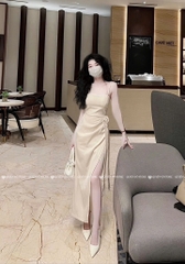 Đầm lụa 2 dây chẻ đùi - Be