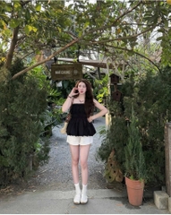 Set áo úp ngực đen x quần short trắng