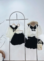 Set áo ren nude cổ sen chân váy bí