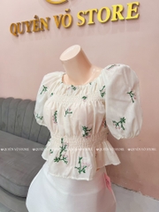 Áo nhún hoa thêu xanh