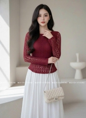 Áo ren ôm body cổ tròn tay dài - Đỏ 1505