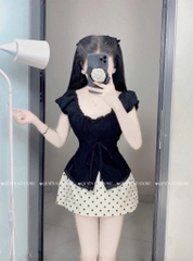 Set áo đen chân váy chấm bi