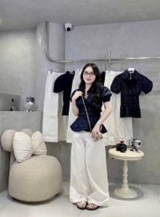 Set áo nhún xanh đen quần jean trắng