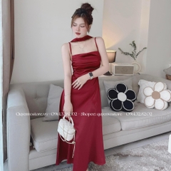 Đầm lụa 2 dây đáp cổ li ngực
