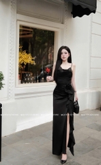 Đầm 2 dây hoa eo xẻ đùi - Đen