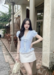 Áo sơ mi babydoll viền ren sọc - Xanh 1445
