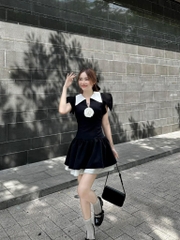 Đầm đen sơ mi cổ trắng đính hoa