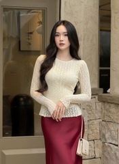 Áo ren ôm body cổ tròn tay dài - Kem 1505
