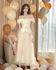 Set áo nude trễ vai x chân váy lưới - Freesize