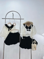 Set áo ren nude cổ sen chân váy bí