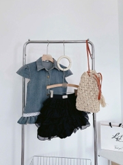 Set áo jean lai bèo chân váy tầng