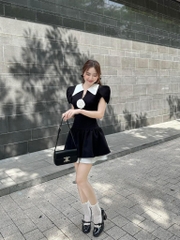 Đầm đen sơ mi cổ trắng đính hoa