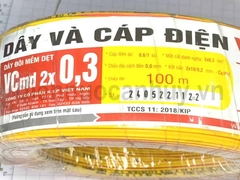 Dây điện mềm vàng - vàng sọc đỏ VCM 2x0.3 Sangwha (Cuộn 100m) - Chuyên dùng cho LED hoặc Loa