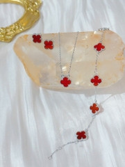 Bộ  3 sản phẩm trang sức cỏ bốn lá màu đỏ bạc ý 925 mạ vàng hồng CECYDEJEWEL