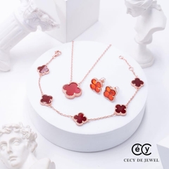 Bộ  3 sản phẩm trang sức cỏ bốn lá màu đỏ bạc ý 925 mạ vàng hồng CECYDEJEWEL