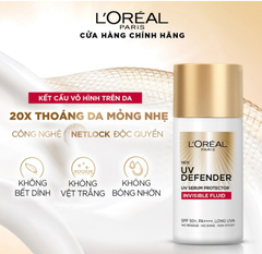 Kem Chống Nắng L'Oreal Paris X20 UV Defender Serum Invisible Fluid, Kem Chống Nắng Thoáng Da Mỏng Nhẹ SPF+ 50++++ 50ml