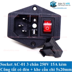 Socket AC-01A 3 chân 250V 10A có công tắc đèn + khay lắp cầu chì 5x20mm + tai vặn ốc