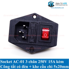 Socket AC-01A 3 chân 250V 10A có công tắc đèn + khay lắp cầu chì 5x20mm + tai vặn ốc