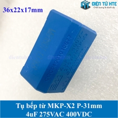 Tụ bếp từ MKP-X2 4uF 275VAC 400DC pitch 31mm Xanh dương size 36x22x17mm