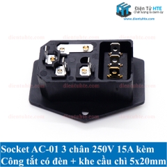 Socket AC-01A 3 chân 250V 10A có công tắc đèn + khay lắp cầu chì 5x20mm + tai vặn ốc