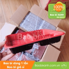 Khay nhựa đựng cơm 3 ngăn đế đen, lòng đỏ (Kèm nắp nhựa)