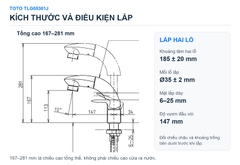 Bản vẽ lắp hai lỗ TOTO TLG05301J, khoảng tâm185±20mm