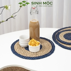 Tấm lót bàn ăn xanh dương, miếng lót cốc, tấm lót ly, decor bàn ăn chất liệu cói Sinh Mộc - M2004