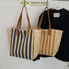 Túi cói đi biển, túi xách kẻ dọc, túi giả cói Sinh Mộc - M3833