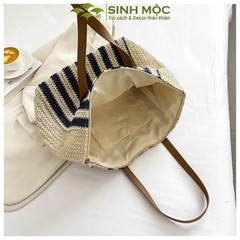 Túi cói đi biển, túi xách kẻ dọc, túi giả cói Sinh Mộc - M3833