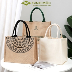 Túi đi biển, túi cói, túi cói vintage, họa tiết trống đồng và xương rồng, Sinh Mộc - M3604