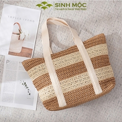 Túi đi biển, túi xách nữ giả cói, túi kẻ ngang Sinh Mộc - M3832