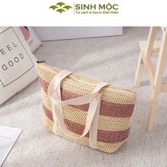 Túi đi biển, túi xách nữ giả cói, túi kẻ ngang Sinh Mộc - M3832