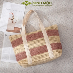 Túi đi biển, túi xách nữ giả cói, túi kẻ ngang Sinh Mộc - M3832