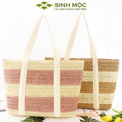 Túi đi biển, túi xách nữ giả cói, túi kẻ ngang Sinh Mộc - M3832