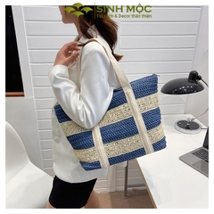 Túi đi biển, túi xách nữ giả cói, túi kẻ ngang Sinh Mộc - M3832