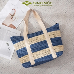 Túi đi biển, túi xách nữ giả cói, túi kẻ ngang Sinh Mộc - M3832