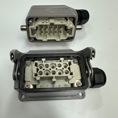 Bộ Đầu Nối Điện Công Nghiệp Harting Han 10 E-M Han 10 E-F Connector HDC 10 Pin Male + Female 16A 500V 6kV3 + Panel Entry Hood