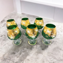 BỘ LY 6 PHA LÊ XANH LÁ MẠ VÀNG HOA SỨ THỦ CÔNG CAO 14 CM (PVN900)