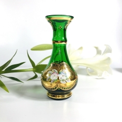 Lọ hoa pha lê màu Séc Bohemia mạ vàng đắp hoa nổi - Xanh lá cây - cao 12,5 cm