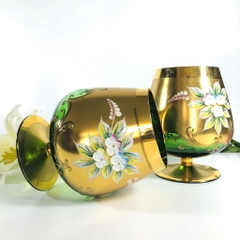 Bộ ly đôi pha lê màu Séc Bohemia mạ vàng đắp hoa nổi - Xanh lá cây.