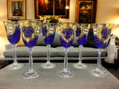 BỘ LY 6 PHA LÊ MÀU MẠ VÀNG xanh biển HOA SỨ THỦ CÔNG Tiệp Khắc cao  20cm (PVN901)