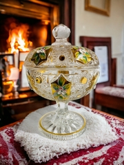 Liễn pha lê mạ vàng đắp hoa nổi thủ công có nắp đậy 23x16 cm (PVN907)