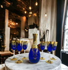 Bộ bình 6 ly xanh lá pha lê mạ vàng hoa sứ nổi 20 cm- Bohemia Tiệp Khắc