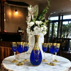 Bộ bình 6 ly xanh lá pha lê mạ vàng hoa sứ nổi 20 cm- Bohemia Tiệp Khắc