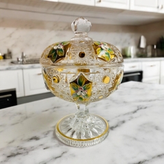 Liễn pha lê mạ vàng đắp hoa nổi thủ công có nắp đậy 23x16 cm (PVN907)