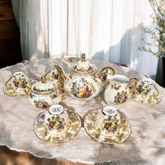 [Bán buôn, bán lẻ] BỘ ẤM TRÀ SÉC 15 MÓN MẠ VÀNG 24K CHẤT SỨ NGỌC TRAI HÌNH 3 CÔ GÁI HY LẠP CỔ ĐẠI (size nhỏ)